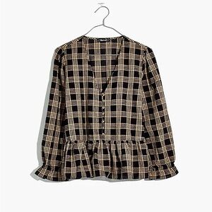 Madewell Courtyard Ruffle-Hem Top in Metallic Plaid